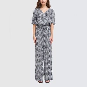 ICHI Women's Navy and White Patterned Jumpsuit with tie waist size S NWT